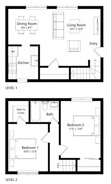 Floor plan for 2 beds, 1 bath, 915 sqft